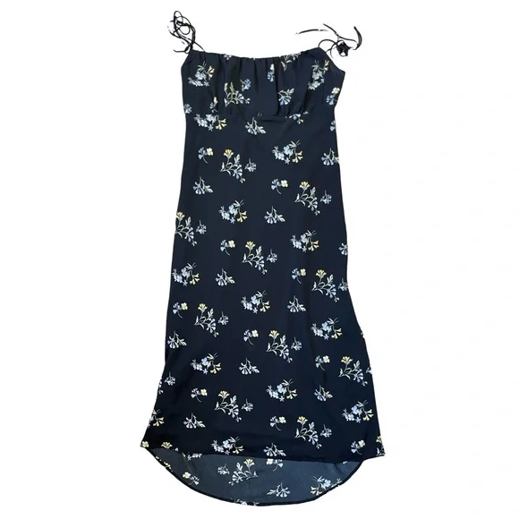 Abercrombie & Fitch Black Floral Midi Slit Dress, Spaghetti Straps - Size Medium - Picture 5 of 12